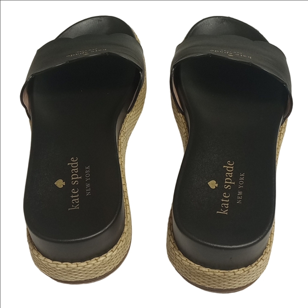 ♠️ KATE SPADE "ZEST" BLACK LEATHER ESPADRILLES SLIDES WITH FRONT GOLD LOGO - Picture 8 of 10